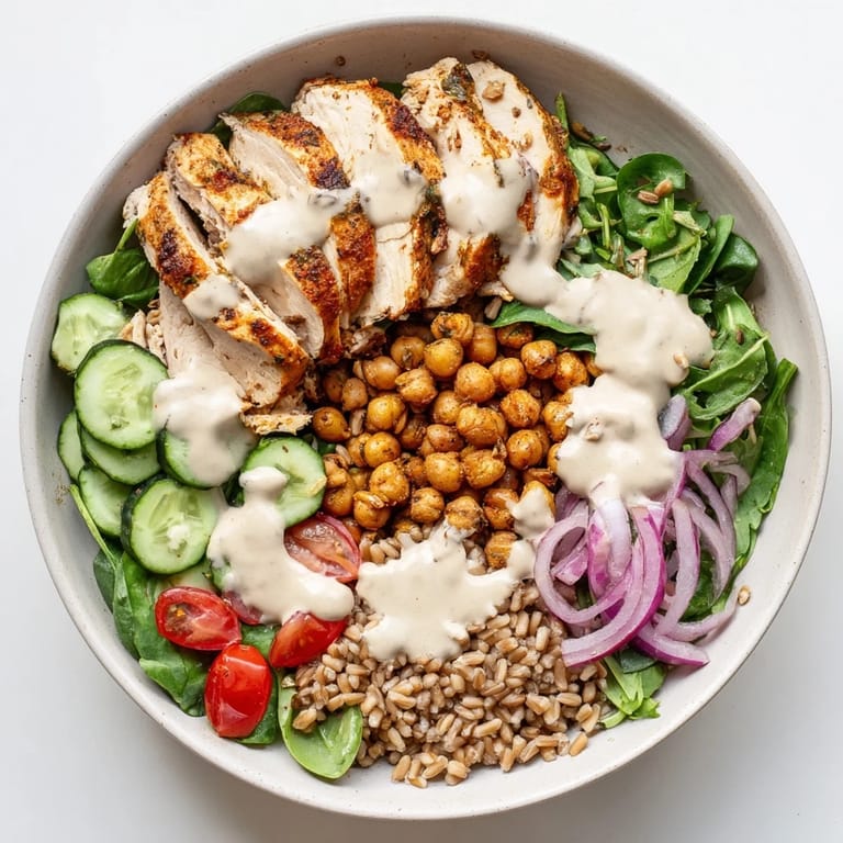 Vibrant Lemon Tahini Chicken Power Bowl featuring sliced roasted chicken, chickpeas, fresh vegetables, and farro, all tossed with a bright, zesty lemon-tahini dressing.