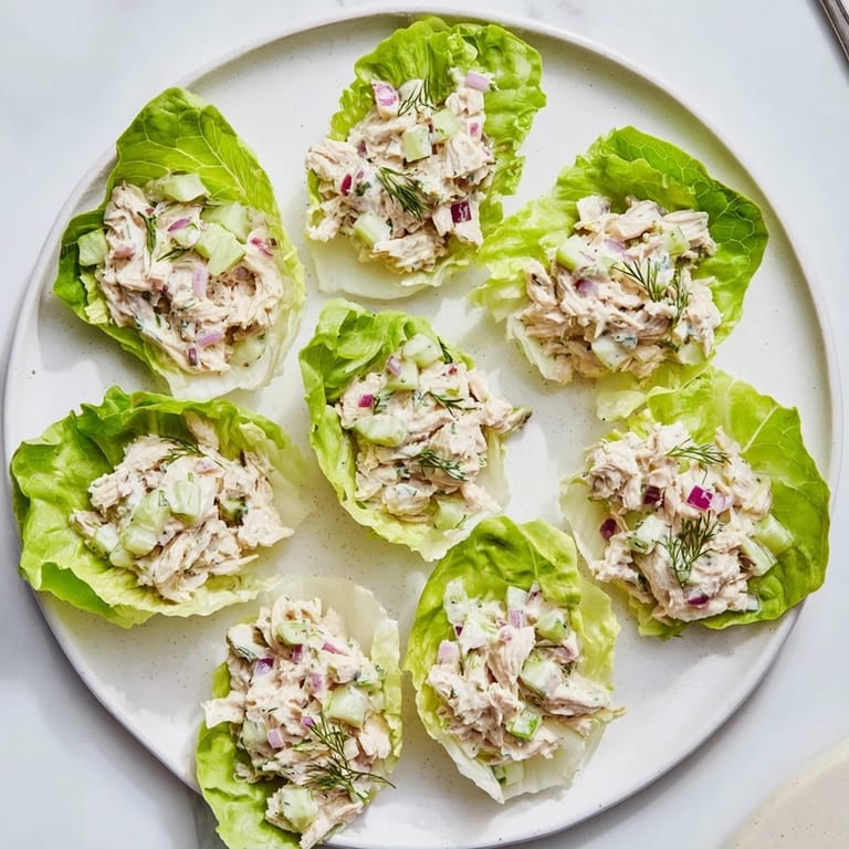 Tangy dill pickle chicken salad with celery and red onion served in fresh lettuce cups.