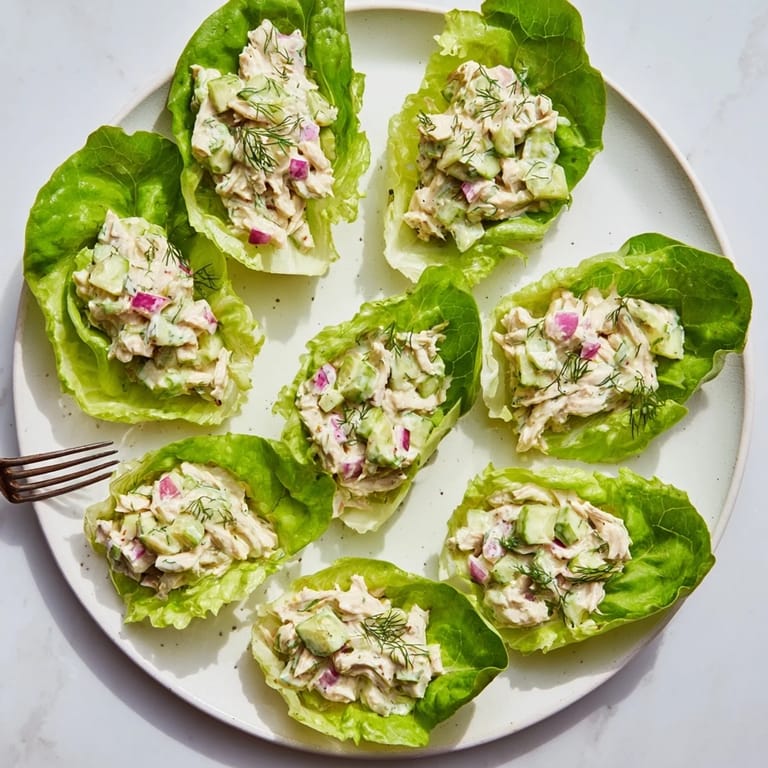 A close-up of dill pickle chicken salad in lettuce cups, perfect for a light gluten-free lunch.