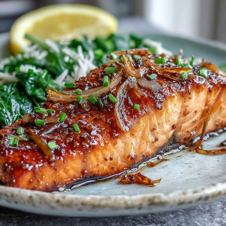 Sizzling miso salmon on sautéed spinach in a skillet, glazed and garnished with fresh ginger.