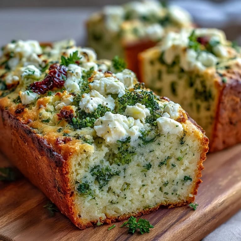 Slices of warm Broccoli and Feta Loaf served on a wooden board, ready to enjoy with a light soup or salad.
