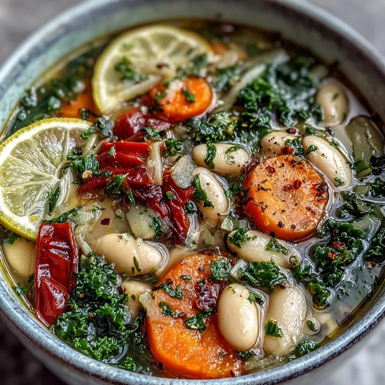 Hearty Mediterranean White Bean Stew ladled into rustic bowls, ready to serve with crusty bread and a bright squeeze of lemon.