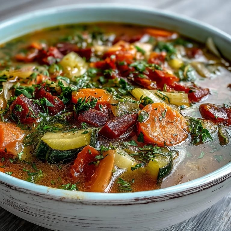 Steaming Rainbow Vegetable Detox Soup in a rustic pot, showcasing hearty, tender vegetables in a clear broth.