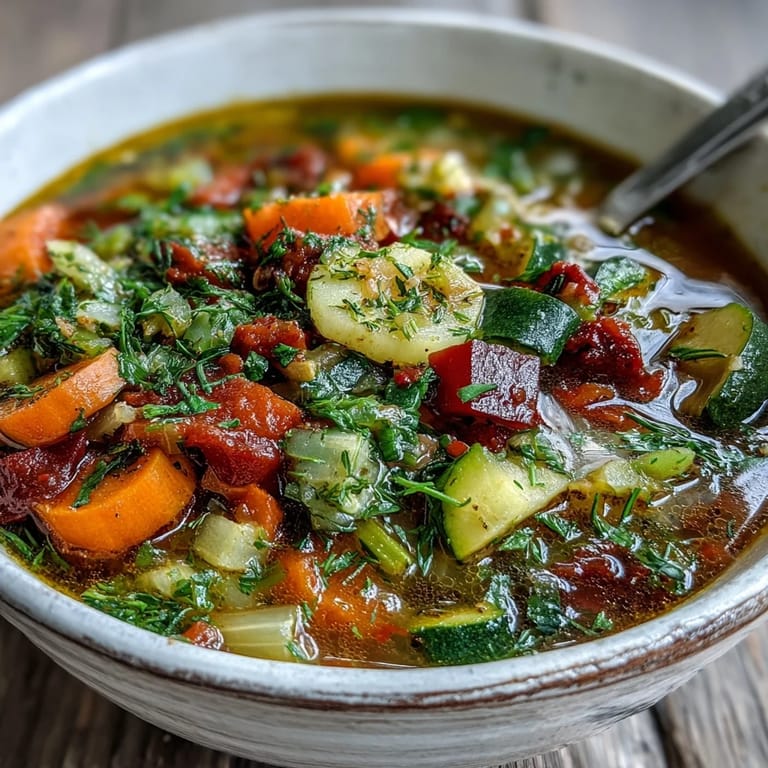 Serving suggestion for a healthy Rainbow Vegetable Detox Soup garnished with fresh dill and a lemon wedge.
