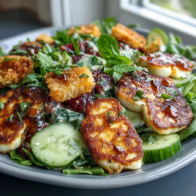 Golden-fried halloumi slices top a vibrant Halloumi Blood Orange Fattoush with cucumber, tomato, and mint.