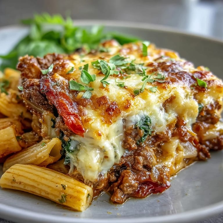 Ground beef, bell peppers, and spinach in tomato sauce bake with whole wheat pasta in this High Protein Italian Beef and Pasta Bake.