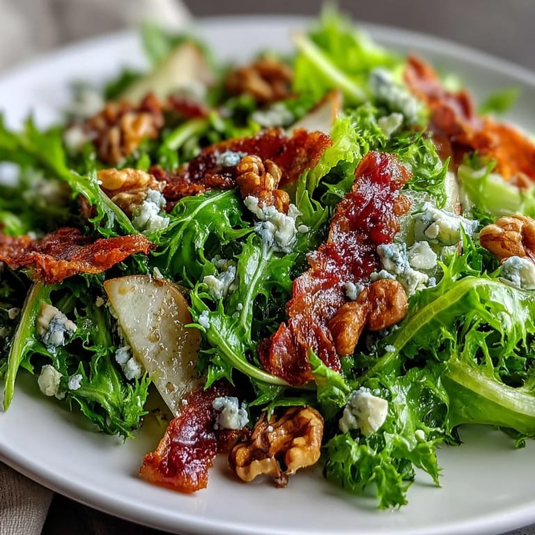 Bright green frisée and sliced pears mingle with creamy blue cheese in this elegant frisée, pear, blue cheese, and crispy prosciutto salad.  