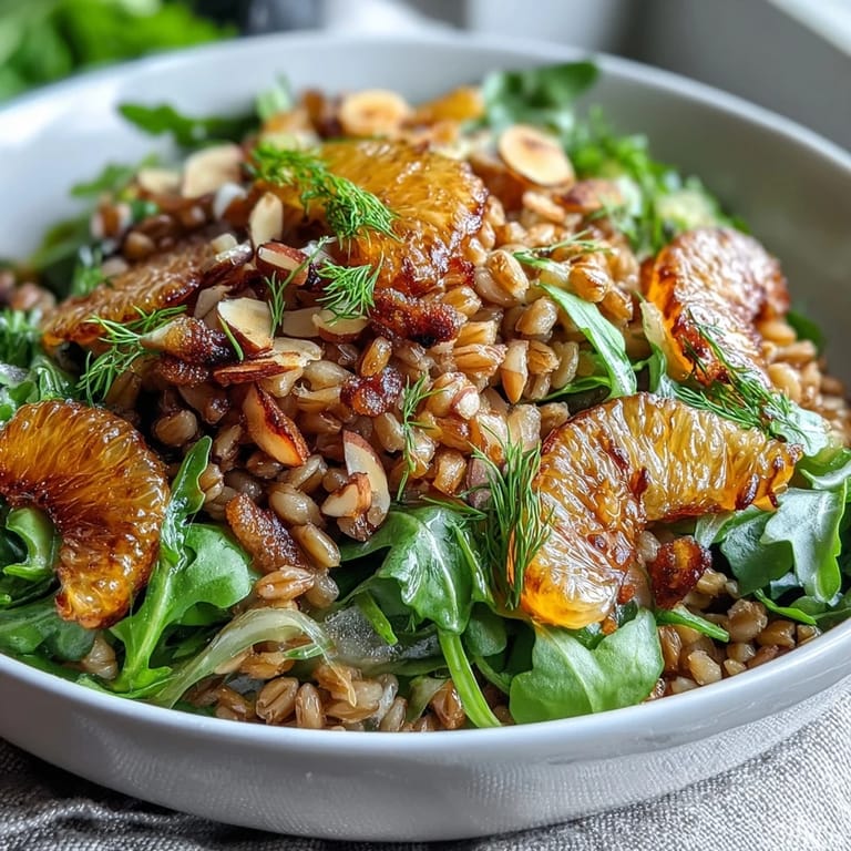 Serving suggestion for Farro Salad With Fennel, Oranges, and Almonds with fresh greens in a white bowl.