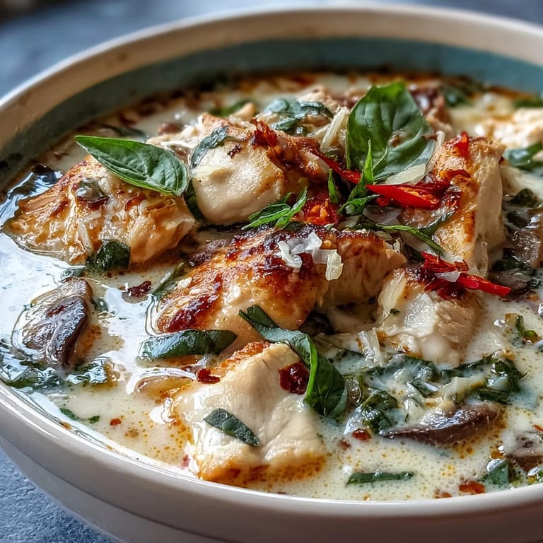 A steaming bowl of Thai Chicken Coconut Curry Soup, rich with coconut milk and red curry paste, garnished with lime wedges and Thai basil.