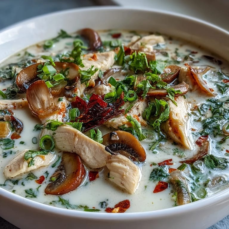 A close-up of authentic Tom Kha Gai soup, garnished with cilantro and green onions, served with lime wedges.