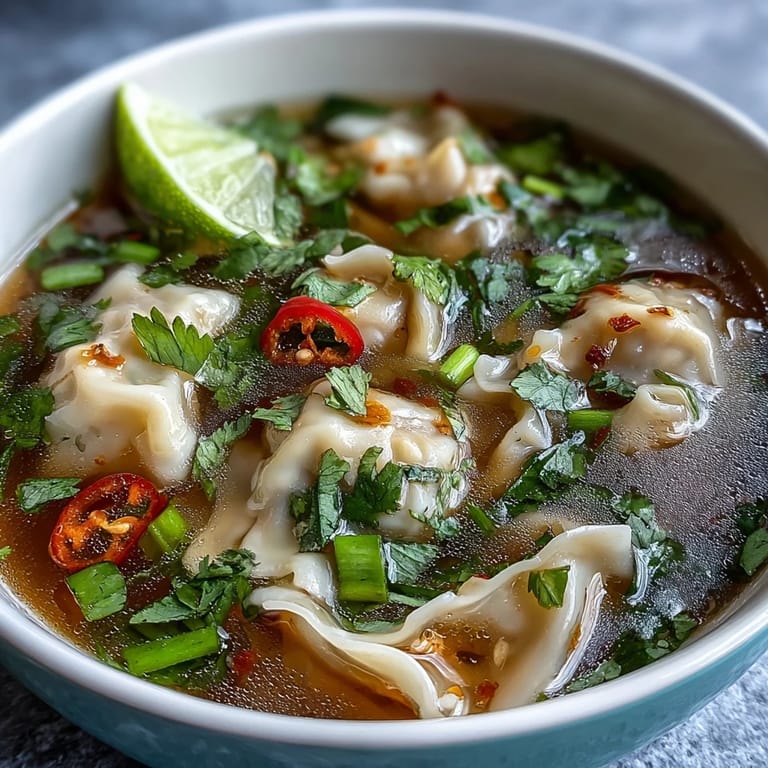 A close-up view of Tom Yum Wonton Soup reveals plump wontons, sliced red chilies, and fresh cilantro garnish in a tangy broth.  