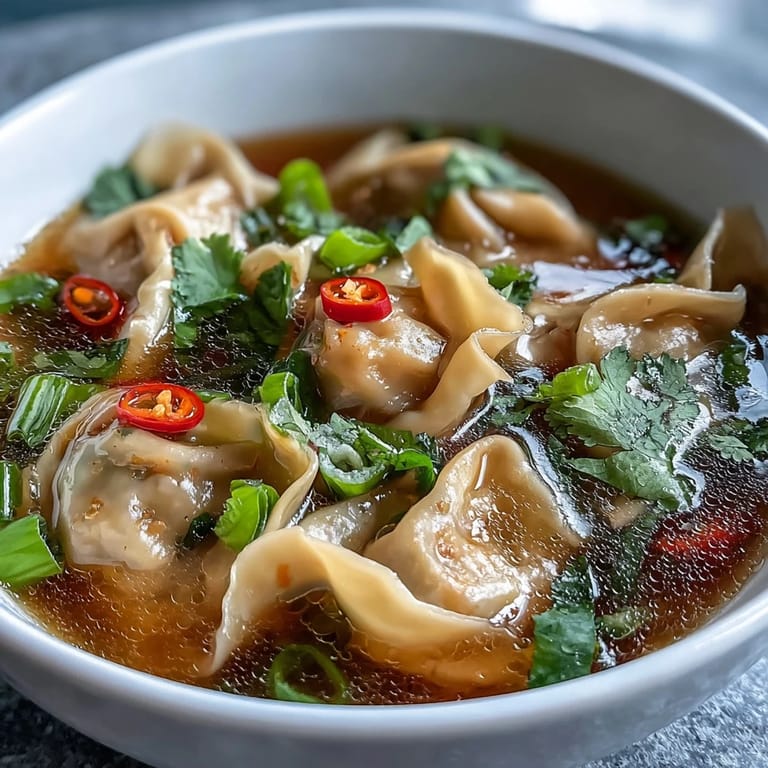 Tom Yum Wonton Soup is served with lime wedges and chili oil, offering a zesty Thai-Chinese fusion meal perfect for lunch.