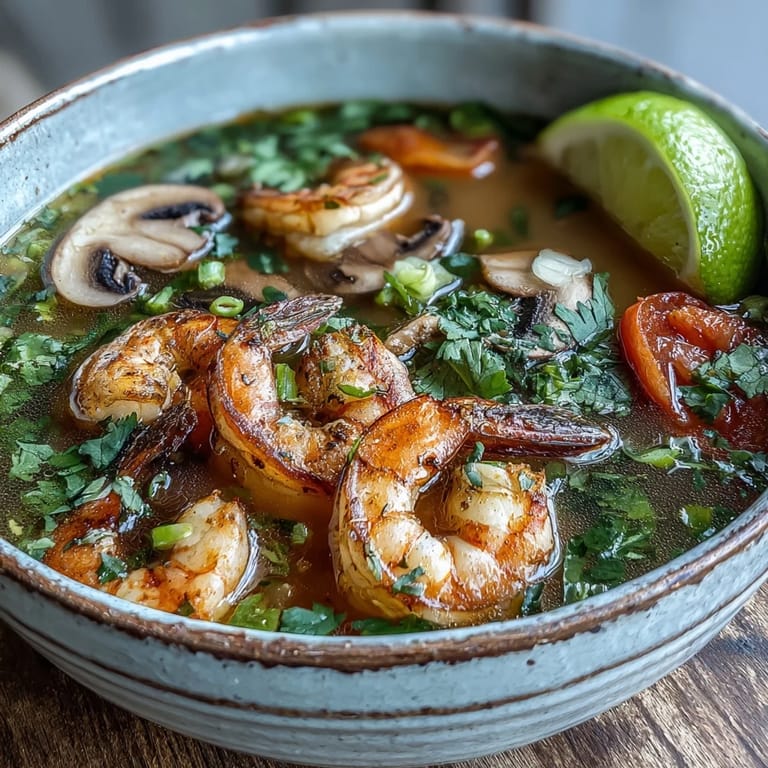 Bright red chili slices and fresh cilantro garnish this aromatic Tom Yum Soup, served with a lime wedge on the side.