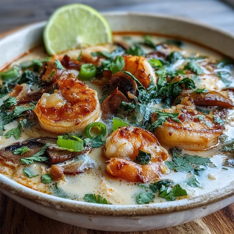 Steaming bowl of Thai Coconut Shrimp Soup garnished with fresh cilantro, green onions, and lime wedges.