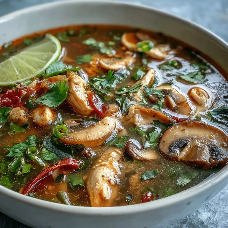 Aromatic Tom Yum Chicken soup with tender chicken, mushrooms, and red chilies steaming in a bowl.