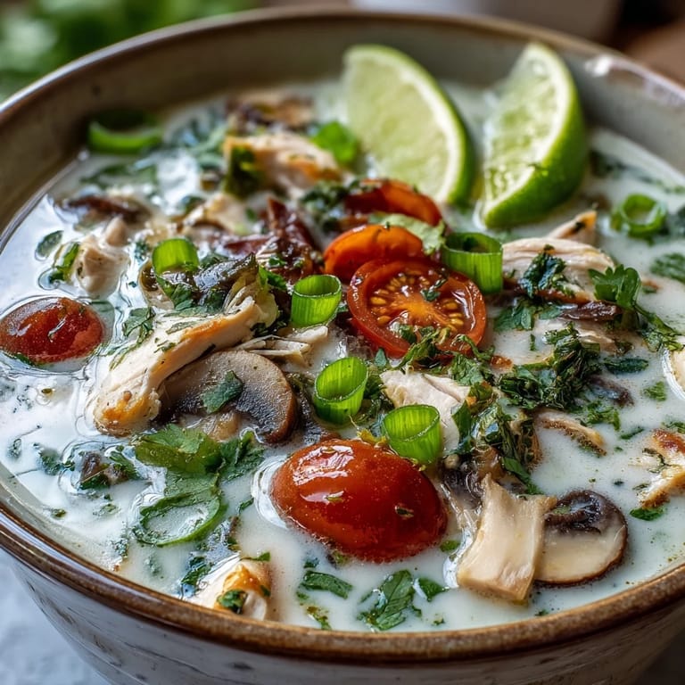 Colorful Best Ever Tom Kha Gai Soup is served hot with lime wedges, chilies, and jasmine rice.