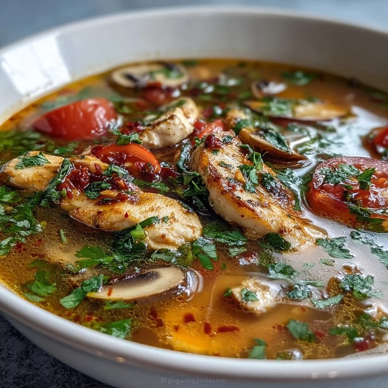 Aromatic Tom Yum Gai with tender chicken slices, mushrooms, and red tomatoes in a bright, citrusy broth.
