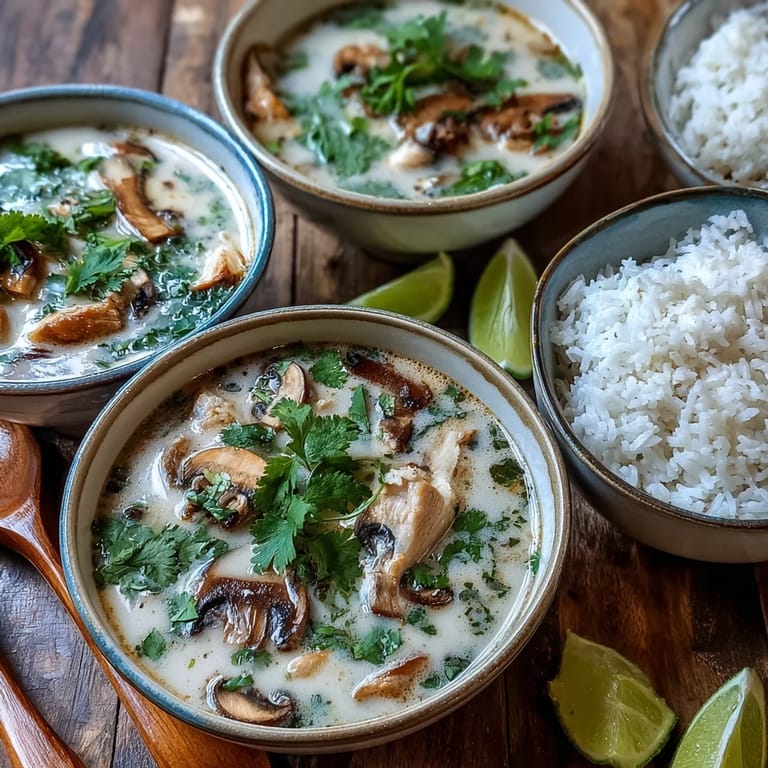 Bright lime wedges and fresh cilantro garnish this rich coconut-based Thai comfort soup.