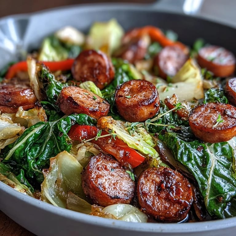 Smothered Cabbage With Sausage Skillet glistens with buttery juices, carrots, and bell pepper in skillet.