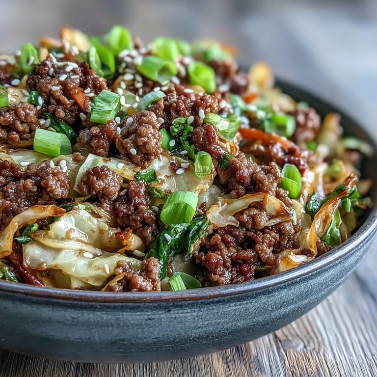Hearty Chinese Ground Beef and Cabbage Stir-Fry plated with fresh garnishes, ready for a low-carb weeknight dinner.