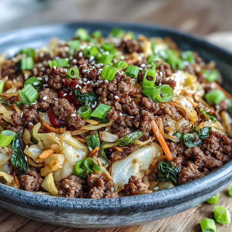 Sizzling Chinese Ground Beef and Cabbage Stir-Fry with tender beef and crisp cabbage, tossed in a rich umami sauce.