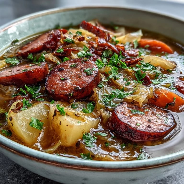 Rustic Sausage, Potato and Cabbage Soup served in a dark ceramic bowl with crusty bread on the side.
