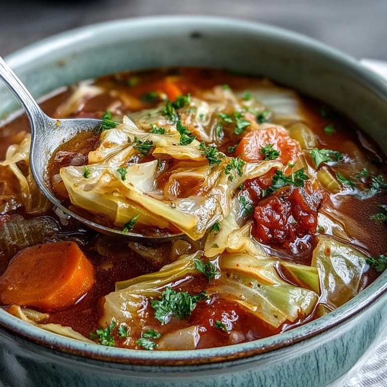 Classic Cabbage Soup simmering in a pot, featuring chopped celery, diced tomatoes, and a bay leaf for savory depth.