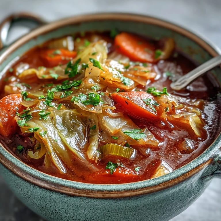 A rustic serving of Classic Cabbage Soup topped with fresh parsley, paired with a slice of crusty rye bread.