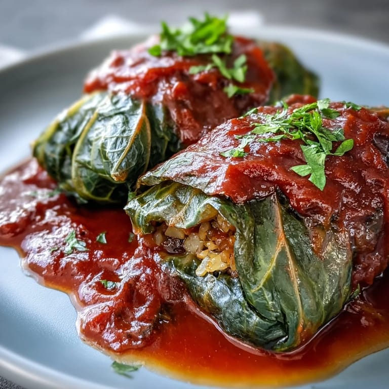 Platter of Baked Vegan Cabbage Rolls, revealing a hearty filling of lentils and brown rice inside tender cabbage leaves.