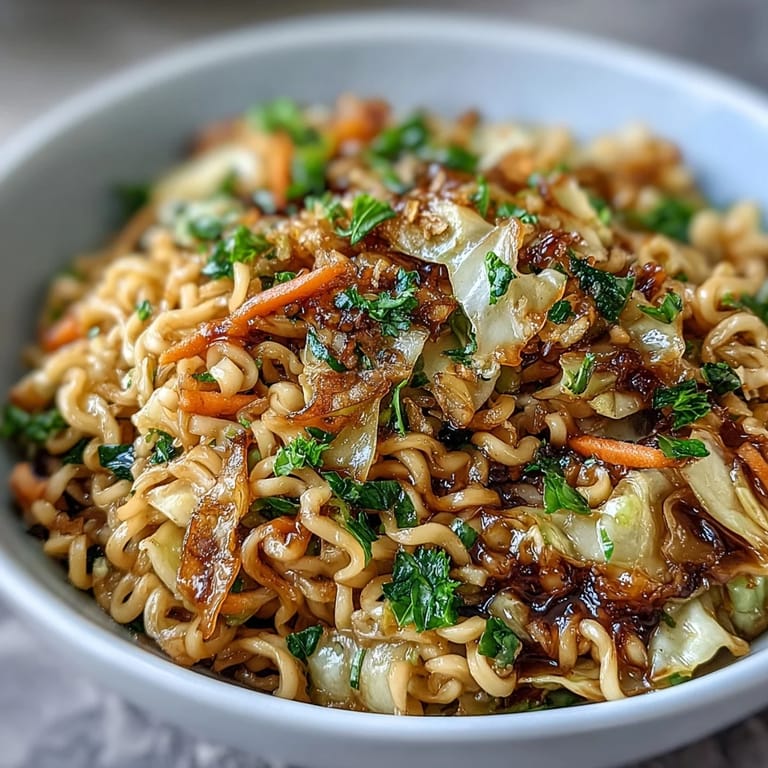 Homemade Fried Cabbage Ramen plated with chopsticks, garlic and ginger aromatics, and an optional chili flake garnish for heat.