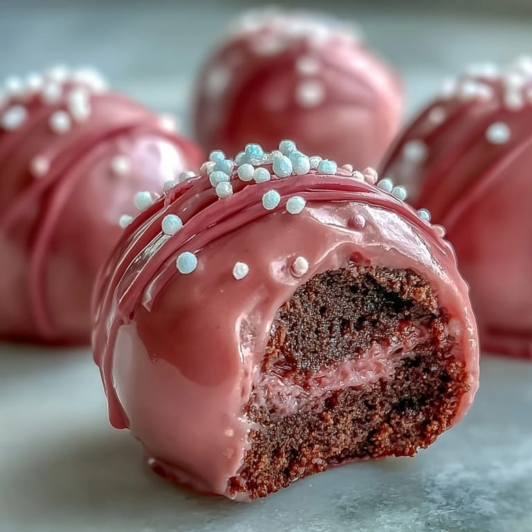 A close-up of chilled Oreo Truffle Balls dipped in glossy pink candy coating, decorated with festive white sprinkles.