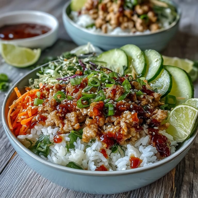 A close-up of Bang Bang Ground Turkey Rice Bowls, with lime wedges and fresh cilantro on a rustic table.
