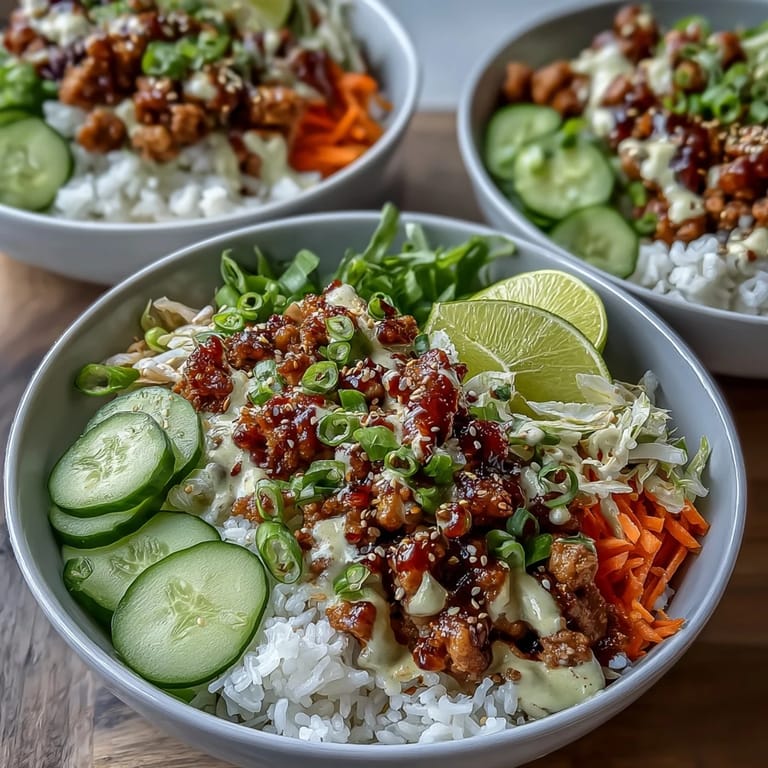 Fluffy rice topped with sizzling ground turkey, crunchy carrots and cabbage, and sesame-scallion garnish, ready to serve.