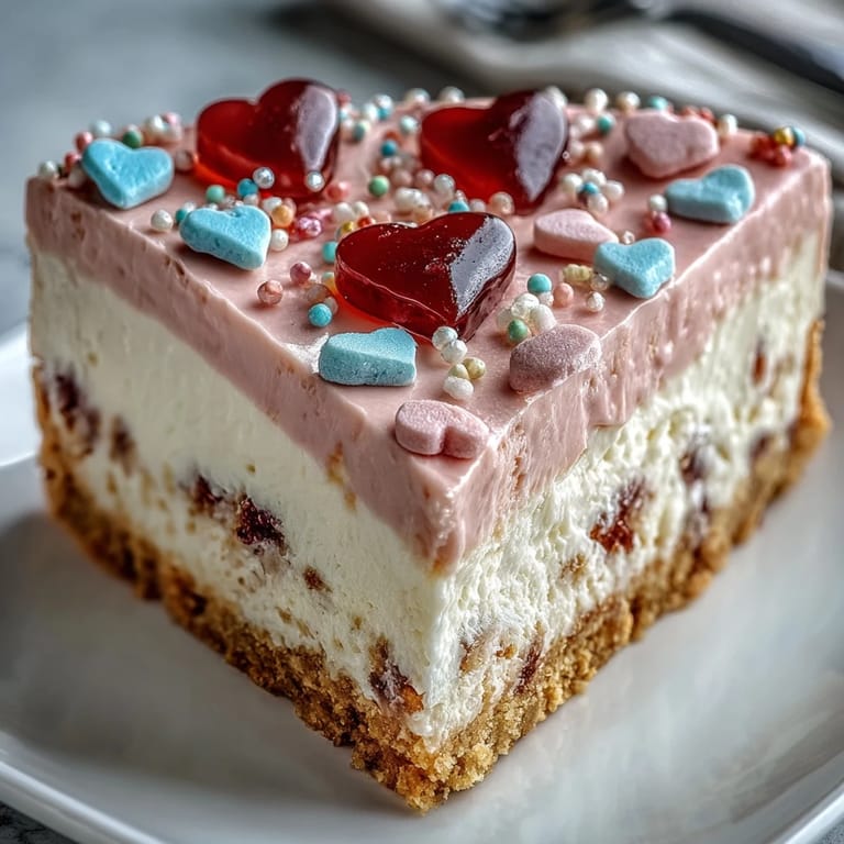 Close-up of Candy Hearts Fake Cake revealing layers of graham cracker crust and silky filling.
