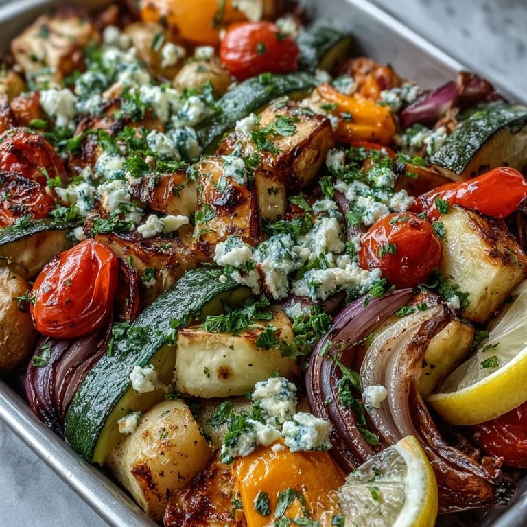 Colorful Roasted Mediterranean Greek vegetables on a baking sheet, garnished with olives and feta, ready for a vegetarian dinner.
