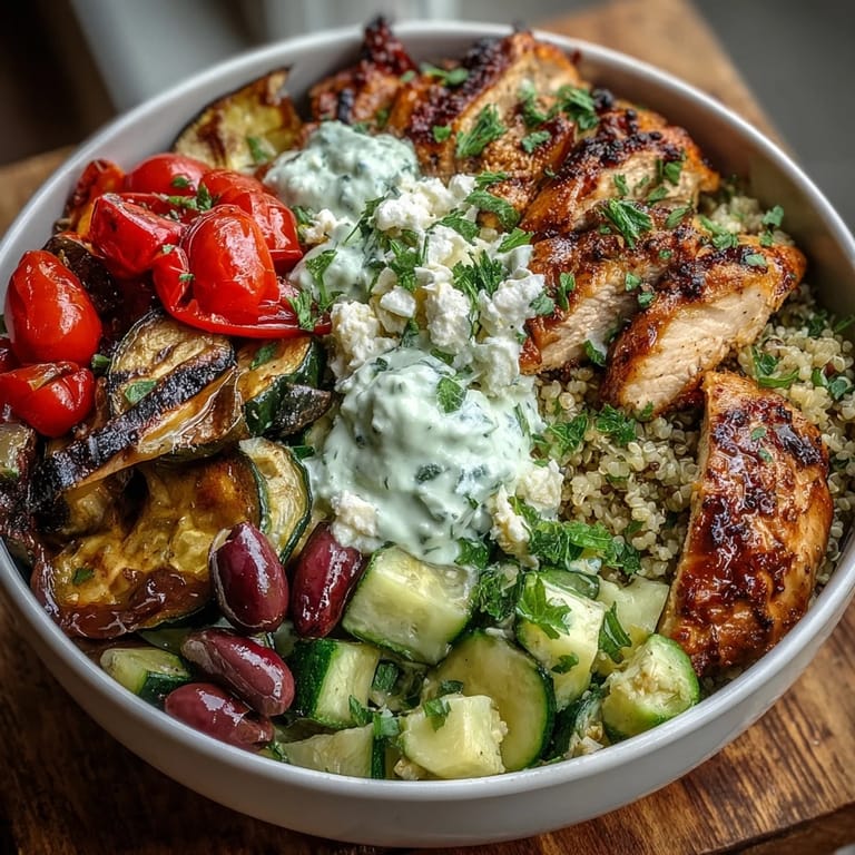 Grilled eggplant, zucchini, and bell peppers mingle over quinoa, finished with cucumber and tzatziki drizzle.
