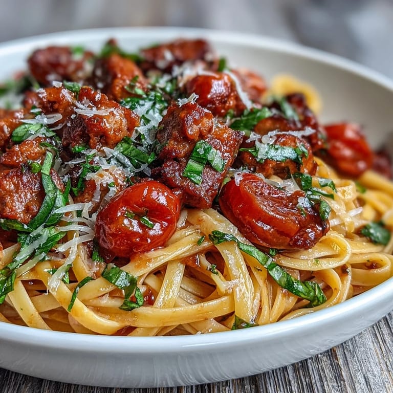 A rustic skillet of Italian Drunken Noodles topped with torn basil, grated Parmesan, and a lemon wedge for brightness.