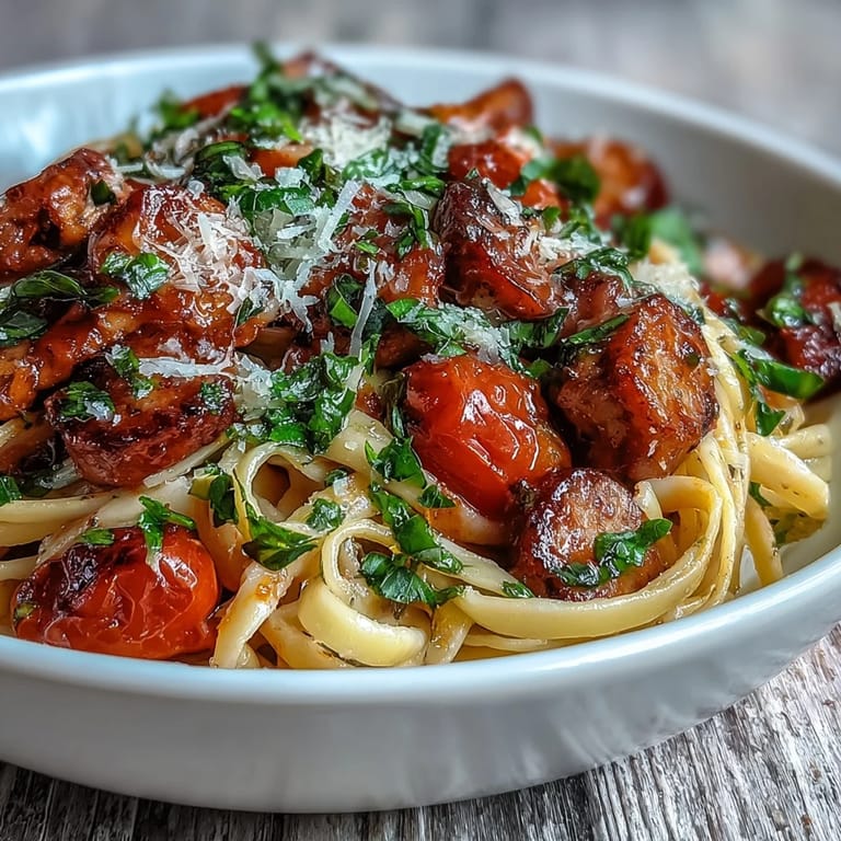 Steam rises from a generous serving of Italian Drunken Noodles, showcasing sautéed onions, garlic, and a richly reduced red wine tomato sauce.