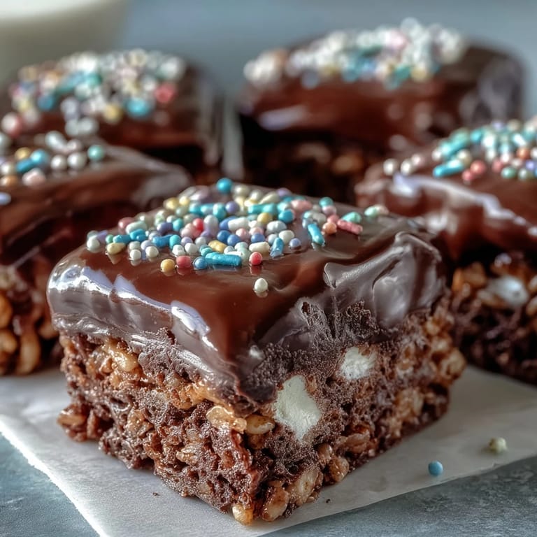 Cut squares of chocolate covered Rice Krispy Treats reveal crispy cereal texture and gooey marshmallow interior.