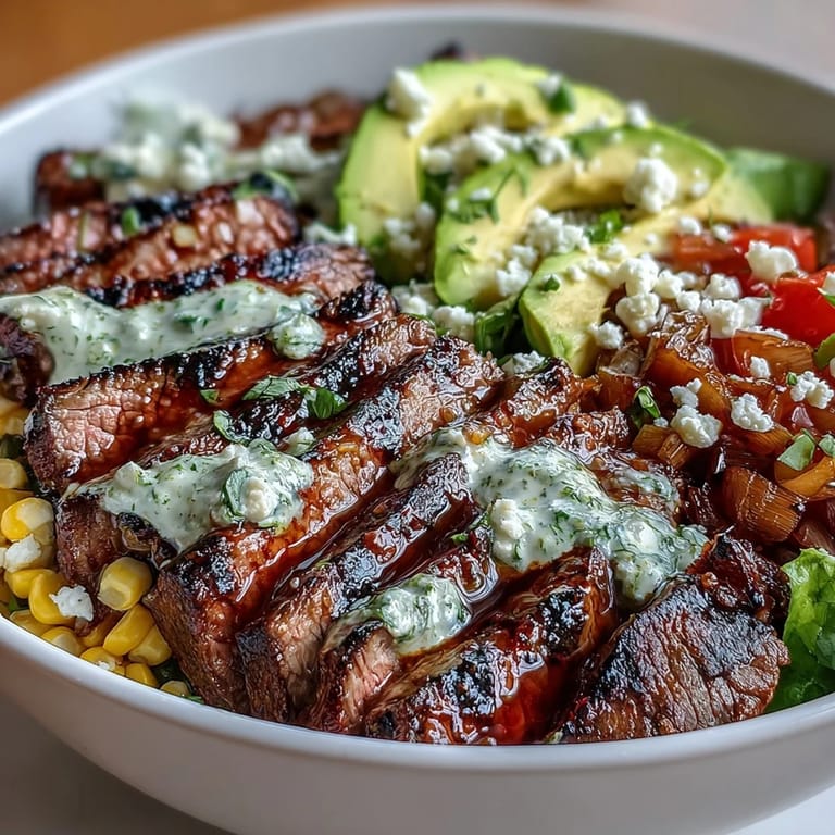 Bright, colorful bowl topped with crumbled Cotija cheese, cherry tomatoes, and red onion, drizzled with zesty cilantro cream sauce.