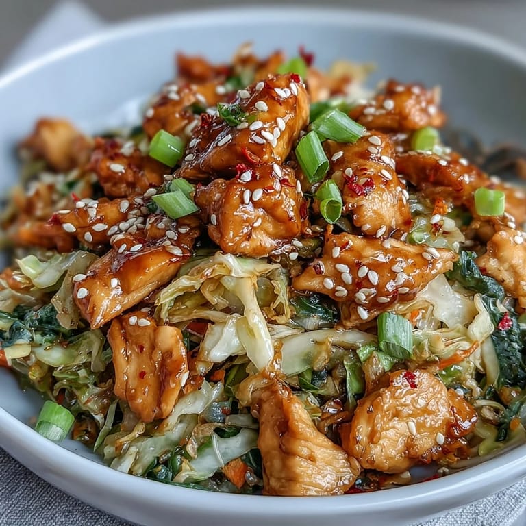 Family-style dinner of Egg Roll Bowls with saucy chicken and crisp veggies, garnished with scallions and sesame seeds for extra texture.