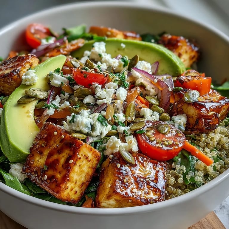 The finished Simple Grain Bowl shows diced cucumbers, carrots, and feta cheese on fluffy quinoa.