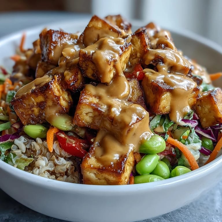 A drizzle of creamy peanut sauce coats the colorful ingredients in this nourishing vegan bowl.