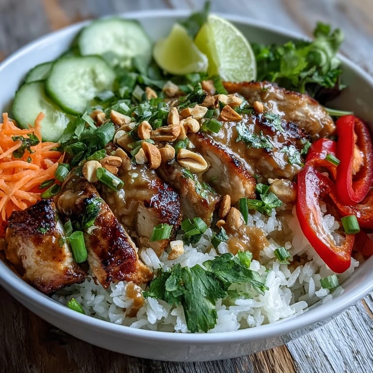 Fresh red bell pepper, cucumber, and shredded carrots add crunch and color to a vibrant Thai Peanut Chicken Bowl.