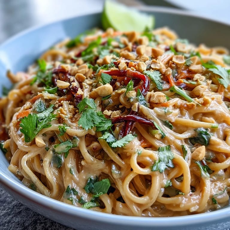 Close-up of a hearty Asian Peanut Noodle Bowl featuring colorful vegetables and a savory peanut dressing, ready to enjoy.