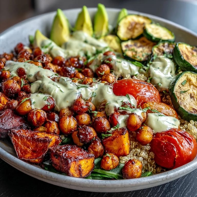 Overhead view of a hearty Chickpea Power Bowl with fluffy quinoa, roasted vegetables, fresh parsley, and a rich tahini drizzle.