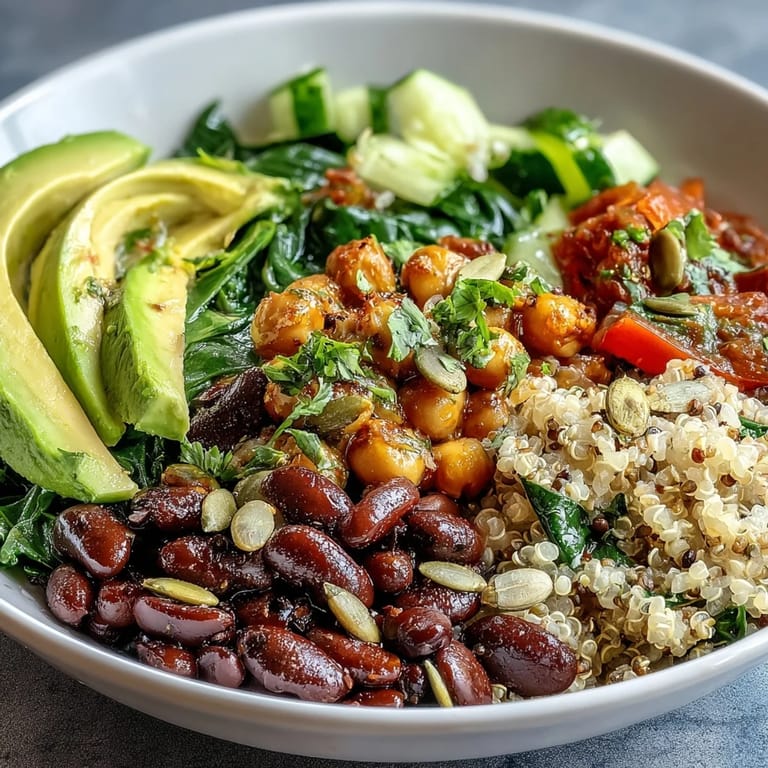 Healthy Three-Bean Power Bowl garnished with pumpkin seeds and greens, served in a rustic bowl for a nourishing meal.