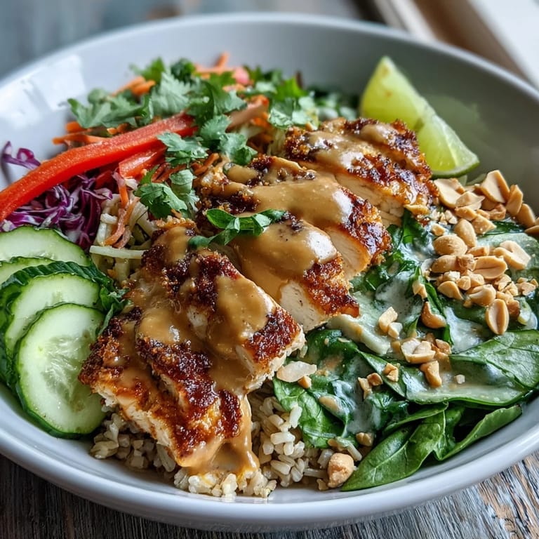 A close-up of a hearty Peanut Chicken Power Bowl shows juicy chicken, shredded purple cabbage, and fresh spinach tossed with a savory peanut dressing for a satisfying meal.