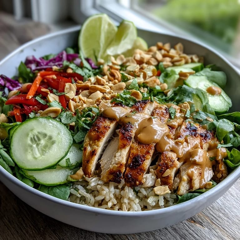 A freshly prepared Peanut Chicken Power Bowl features warm grains, colorful vegetables, and tender chicken, all generously coated in a rich peanut sauce, ready to enjoy with lime wedges.