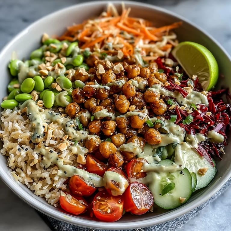 Colorful bowl of brown rice, shredded red cabbage, carrots, and edamame drizzled with peanut sauce for a savory dinner.